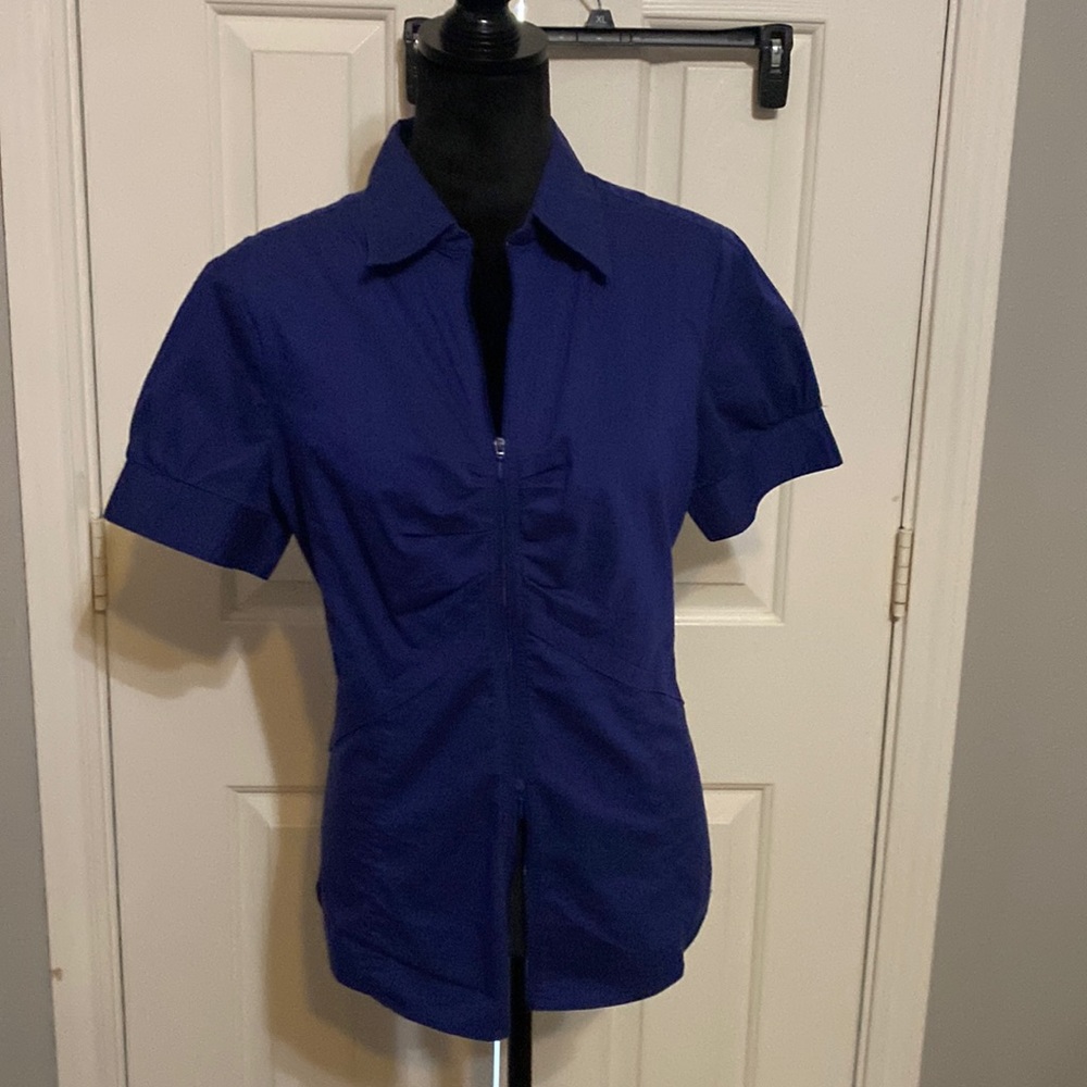 New York & Company Cobalt Short Sleeve Zip Front Shirt